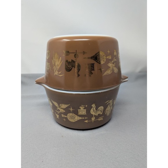 Pyrex Other - 2 VINTAGE Pyrex Early American Gold On Brown 473  1 Quart Casserole Dishes